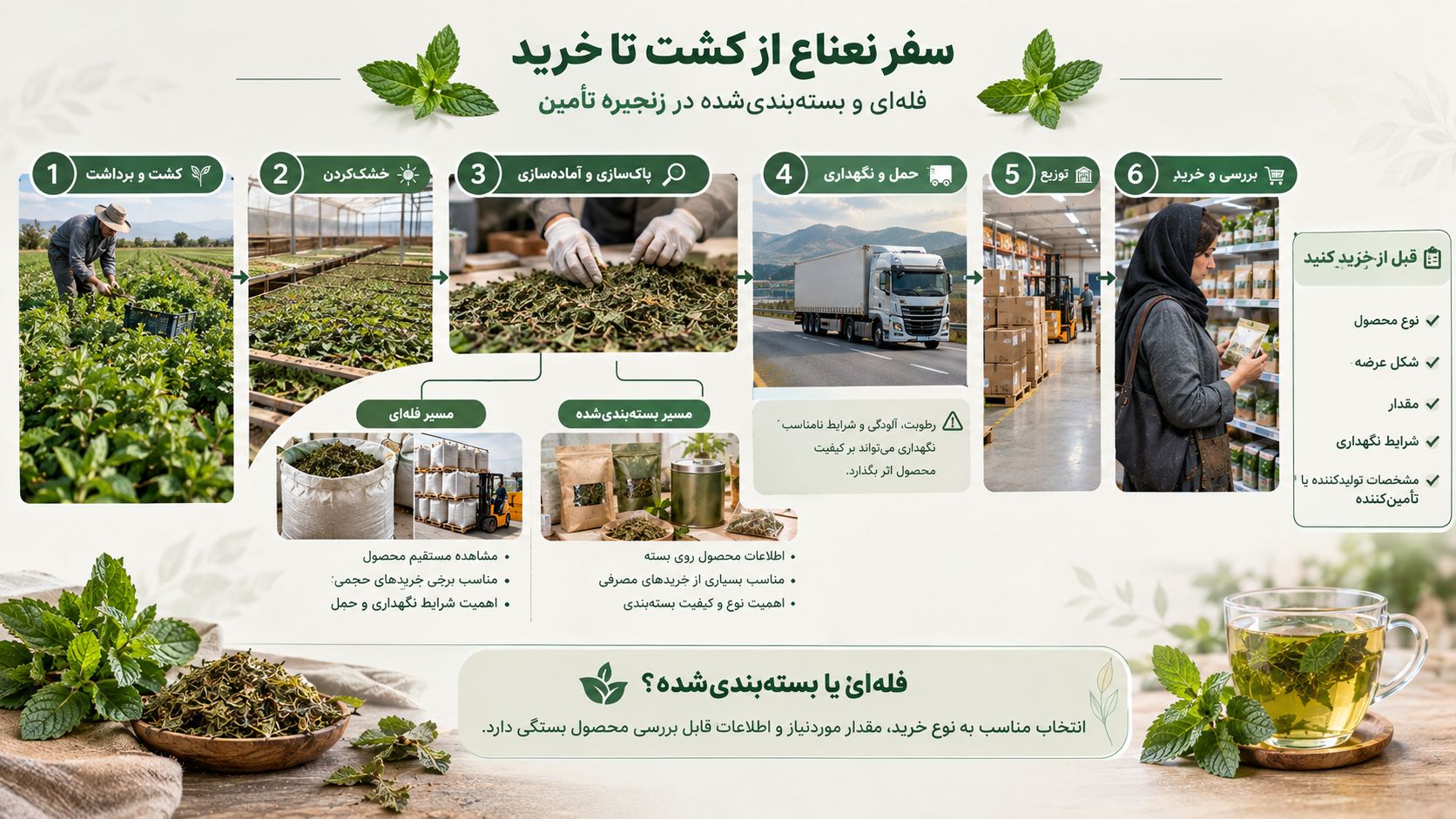  مسیر نعناع از کشت و خشک‌کردن تا عرضه فله‌ای یا بسته‌بندی‌شده